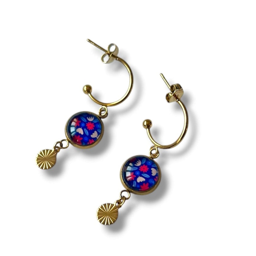 Mini Créoles Fleurs rouges et bleues