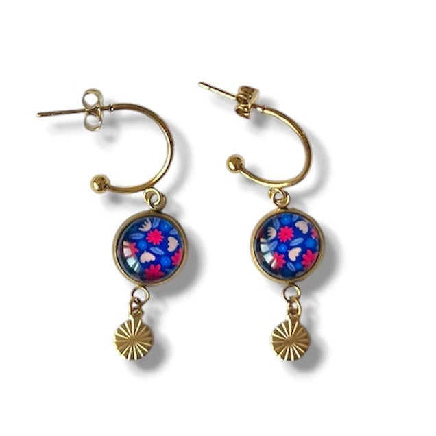 Mini Créoles Fleurs rouges et bleues