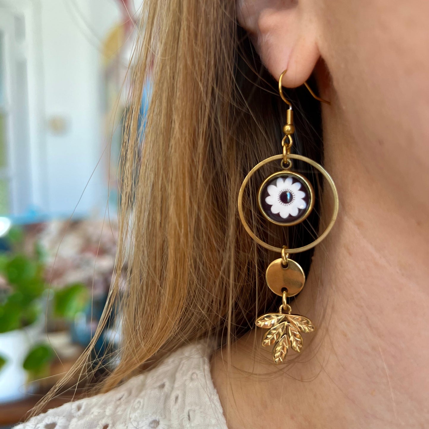 Black and White floral and leaves mismatched Earrings , Golden or Silver Finish
