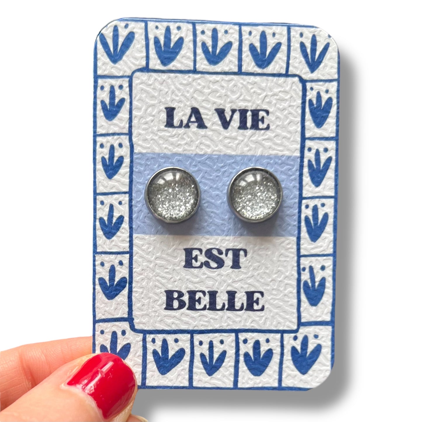 Puces d'Oreilles La Vie est Belle Paillettes Argentées