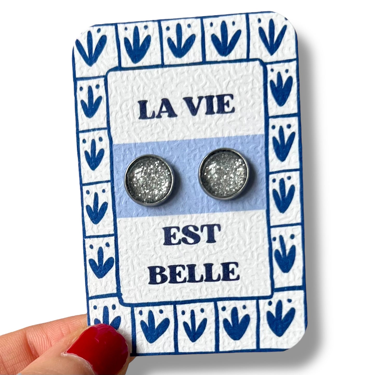 Puces d'Oreilles La Vie est Belle Paillettes Argentées