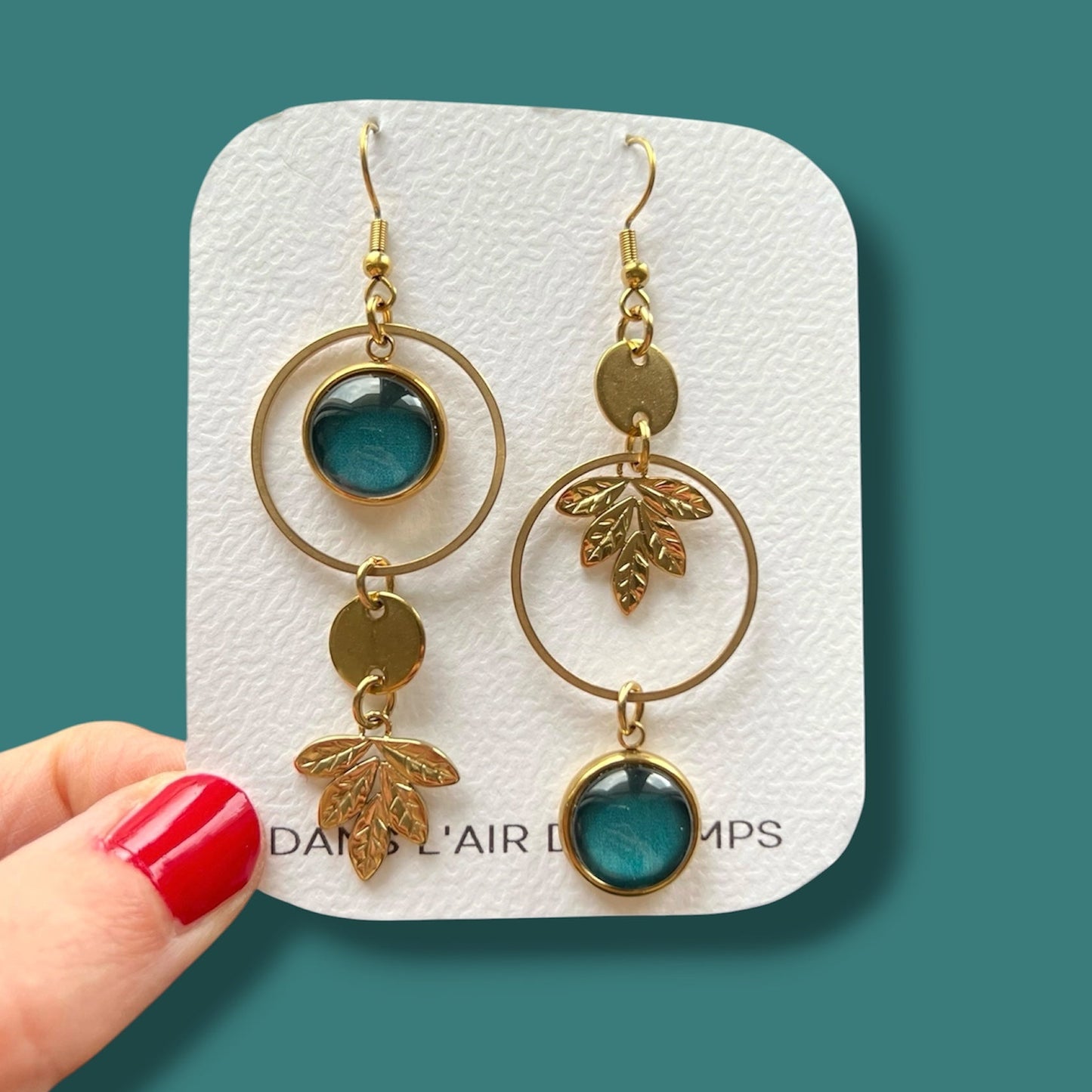 green and gold leaves mismatched Earrings , Golden or Silver Finish