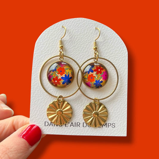 Boucles d'oreilles fleurs jaunes et multicolores