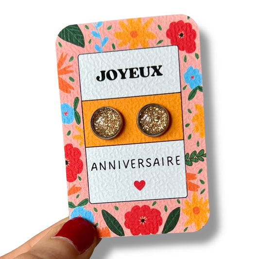 Puces d'Oreilles Paillettes Dorées / Joyeux Anniversaire
