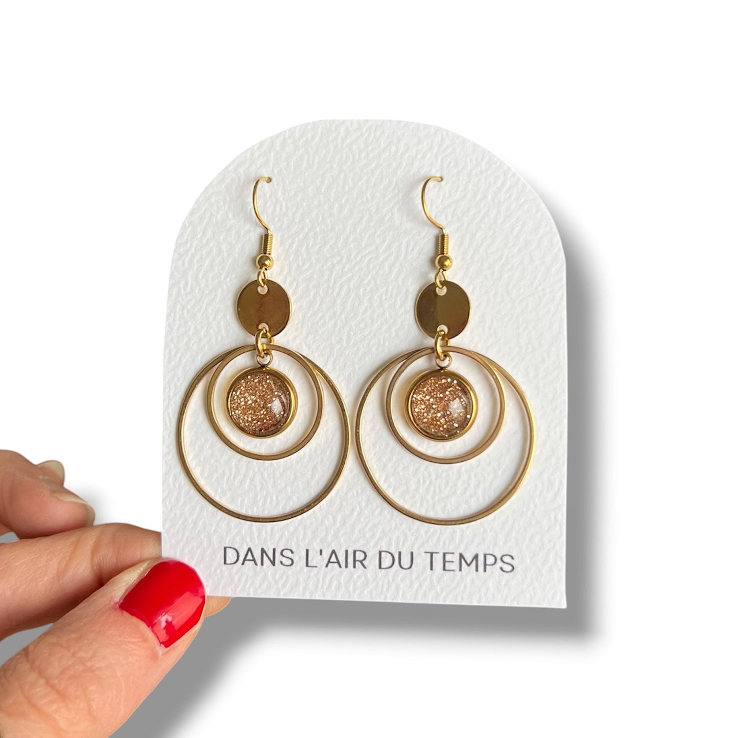 Boucles d'oreilles créoles double anneau paillettes dorées, finition dorée ou argentée