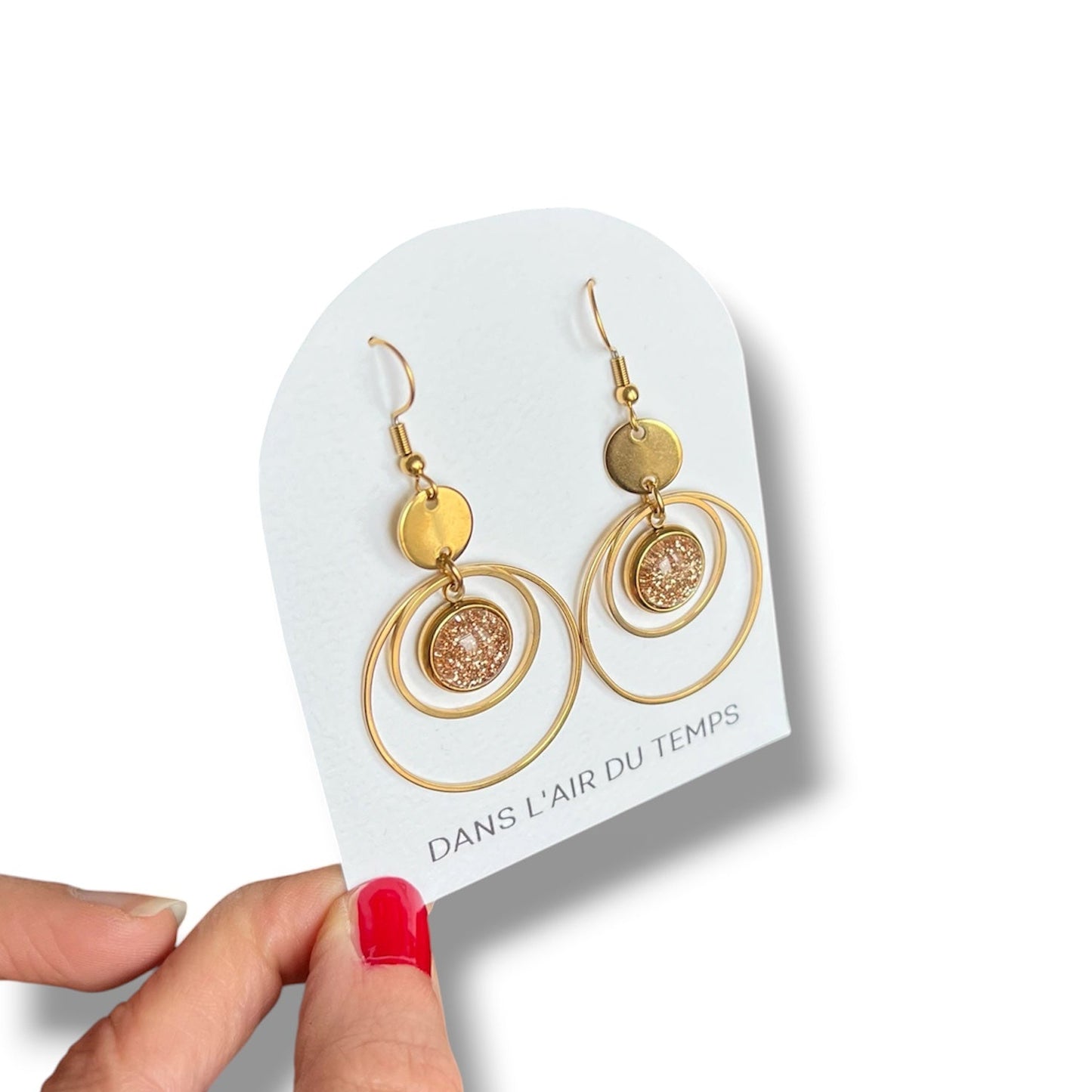 Boucles d'oreilles créoles double anneau paillettes dorées, finition dorée ou argentée
