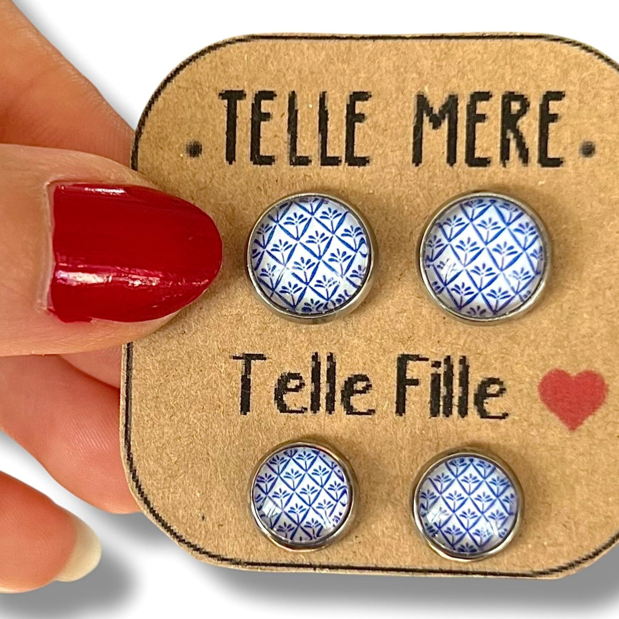 Puces d'Oreilles Mère Fille / "Telle mère, Telle Fille!" motif bleu et blanc