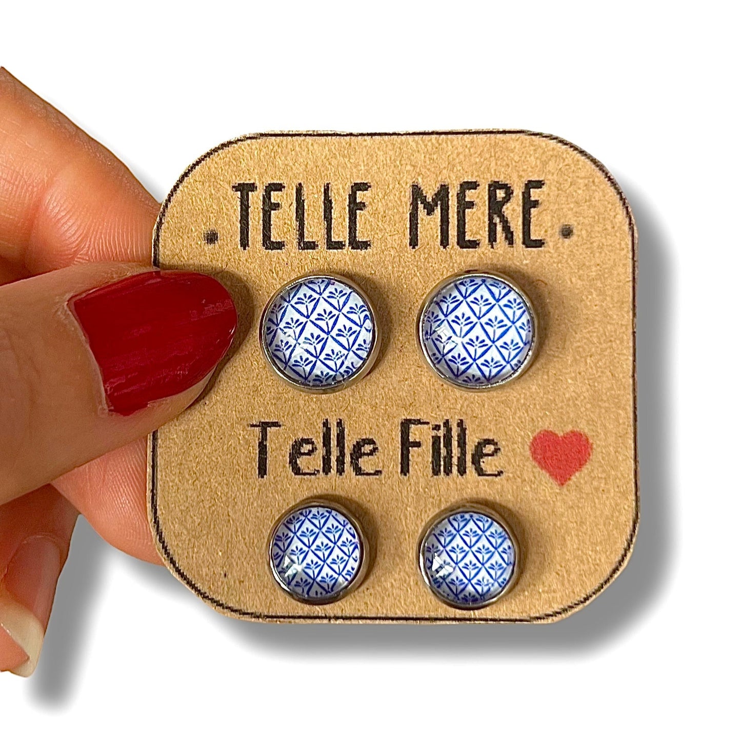 Puces d'Oreilles Mère Fille / "Telle mère, Telle Fille!" motif bleu et blanc