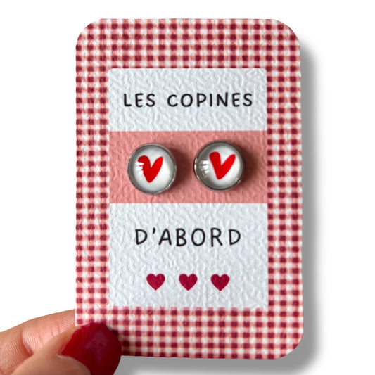 Puces d'Oreilles Coeurs Rouges "Les Copines d'Abords ! "