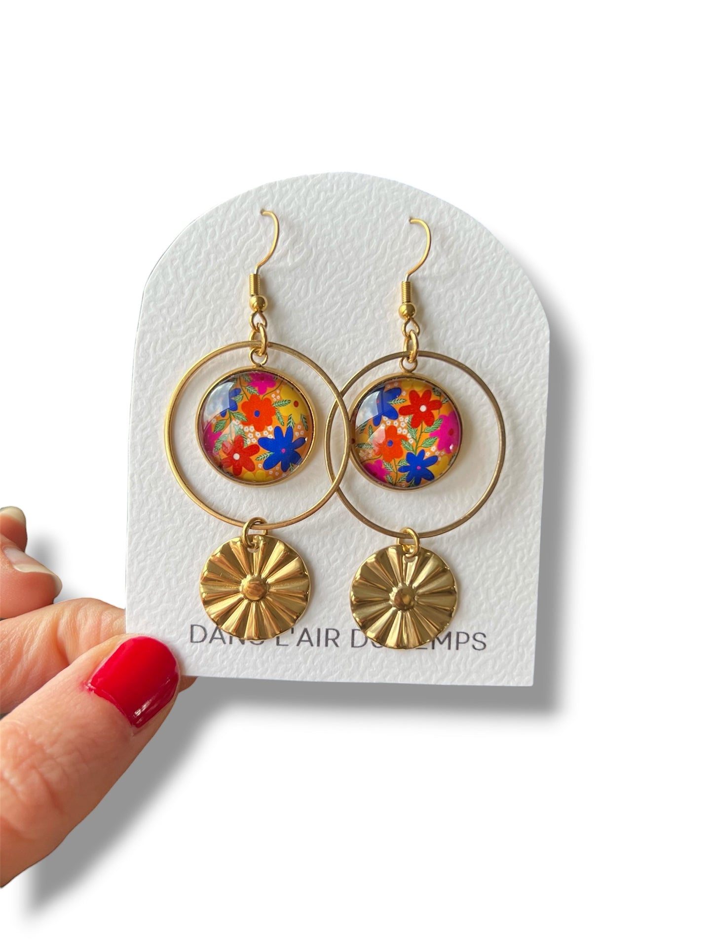 Boucles d'oreilles fleurs jaunes et multicolores