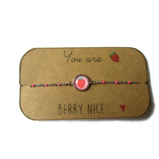 Bracelet Enfant Acier Inoxydable, Fraise/ "You are berry nice !"