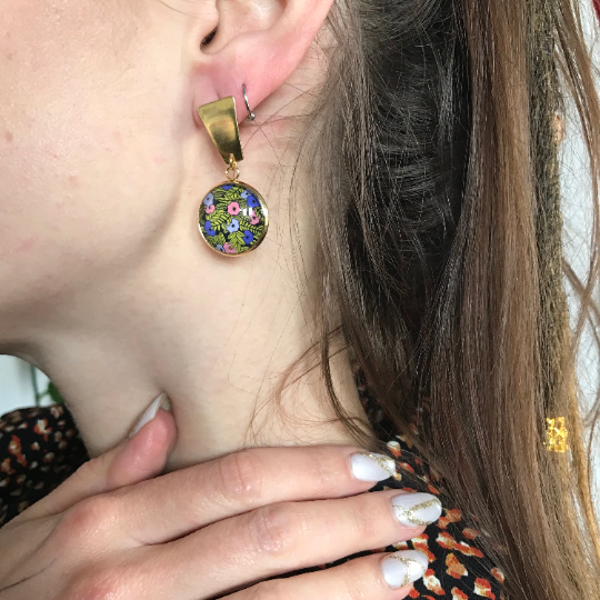 Pink, Purple and Green Floral gold earrings