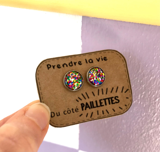 Puces d'Oreilles Prendre la Vie du côté Paillettes Multicolores arc en ciel