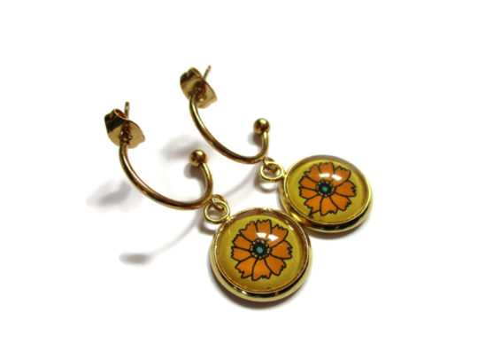 Orange flower hoop earrings