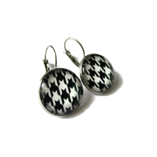 Boucles d'Oreilles Dormeuses pied de poule noir et blanc