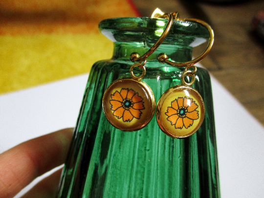 Orange flower hoop earrings