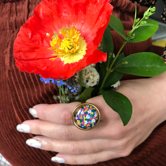 Bague dorée Fleurs Liberty multicolores