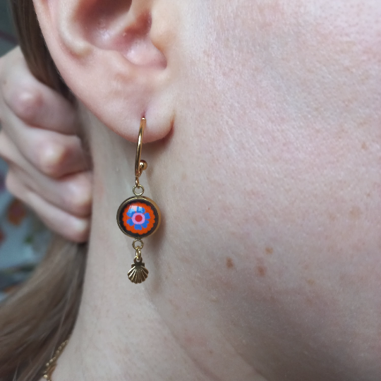 Orange and blue floral golden HOOP EARRINGS