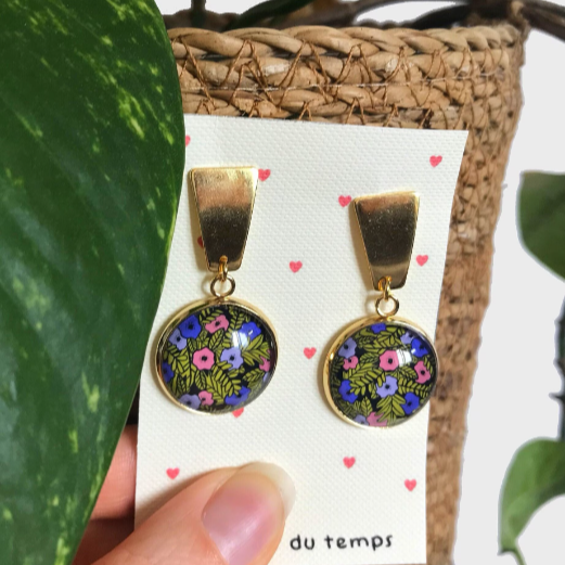 Pink, Purple and Green Floral gold earrings