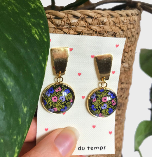 Pink, Purple and Green Floral gold earrings