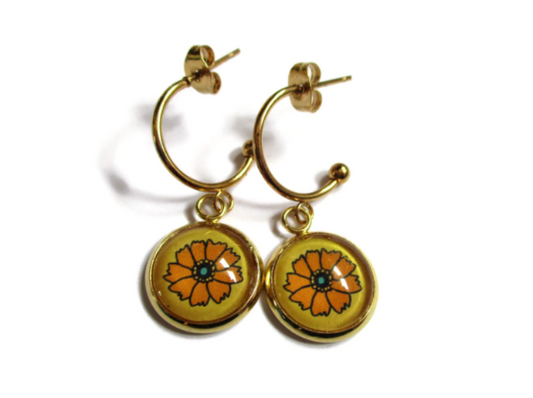 Orange flower hoop earrings