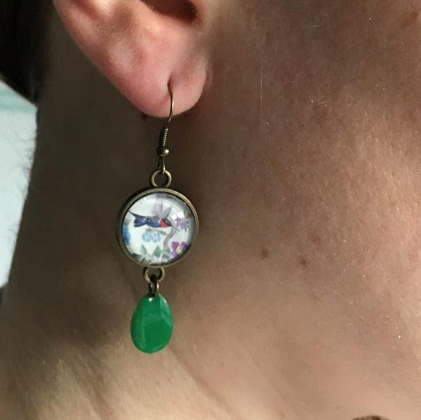 Boucles d'Oreilles Colibris, émail Vert