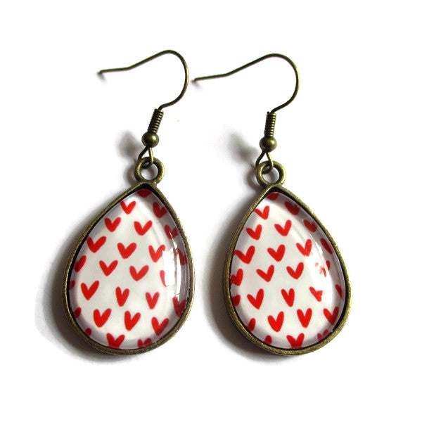 Boucles d'Oreilles Gouttes Coeurs Rouges