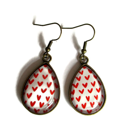 Boucles d'Oreilles Gouttes Coeurs Rouges