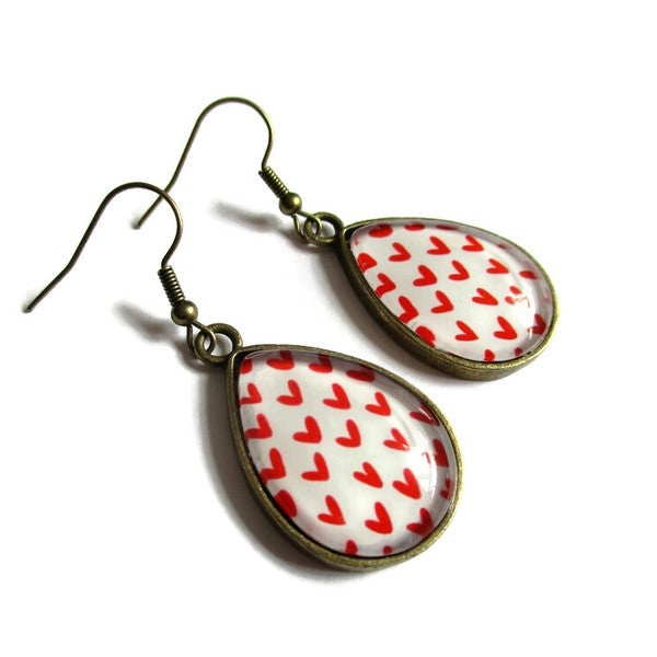 Boucles d'Oreilles Gouttes Coeurs Rouges