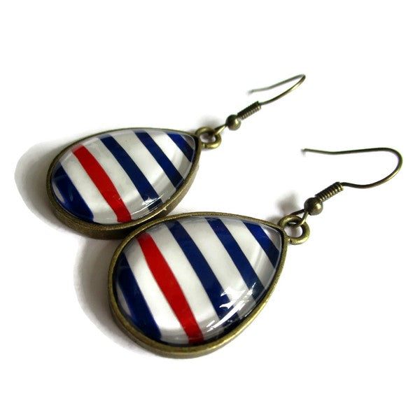 Boucles d'Oreilles Gouttes Motif Marin Rouge et Bleu