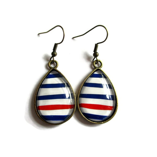 Boucles d'Oreilles Gouttes Motif Marin Rouge et Bleu