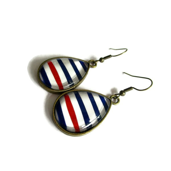 Boucles d'Oreilles Gouttes Motif Marin Rouge et Bleu