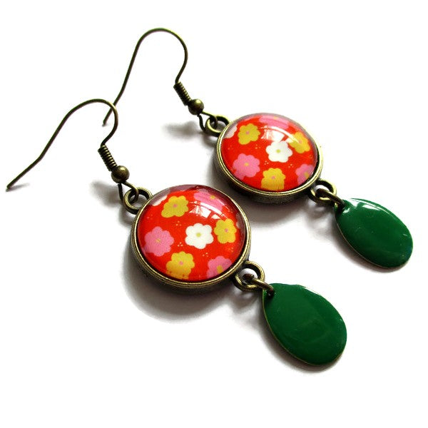 Colorful Floral earrings and green enamel