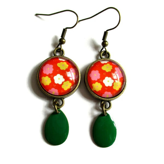 Colorful Floral earrings and green enamel