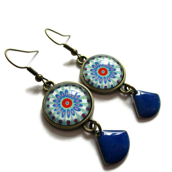 Boucles d'Oreilles Mandala Bleu, émail Bleu