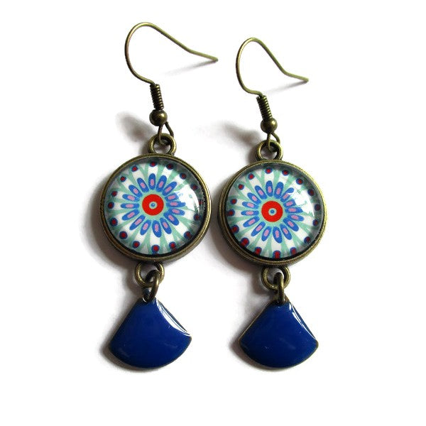 Boucles d'Oreilles Mandala Bleu, émail Bleu