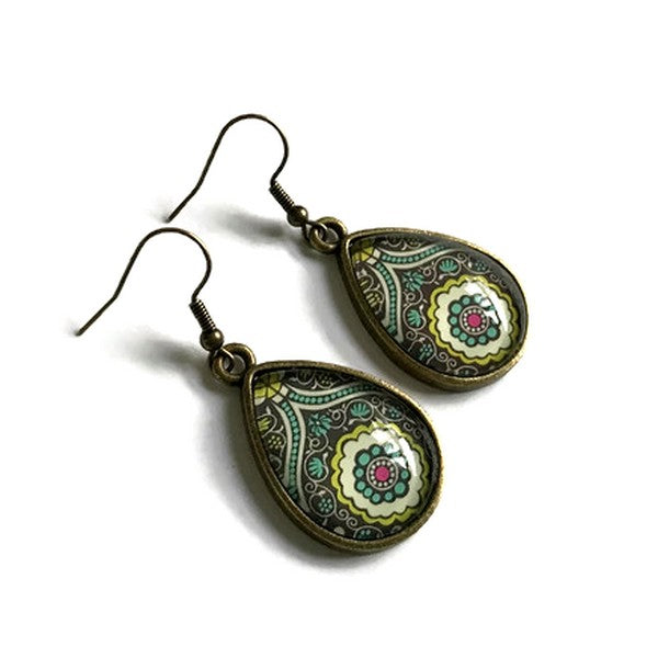  Green and Pink  indian pattern teardrop earrings