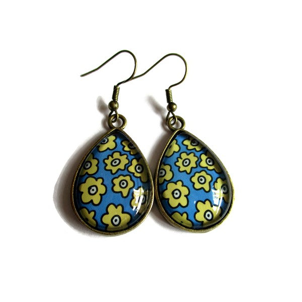 Boucles d'Oreilles Gouttes Fleurs Bleues et Jaunes