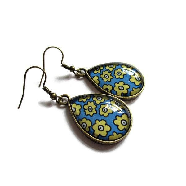 Boucles d'Oreilles Gouttes Fleurs Bleues et Jaunes