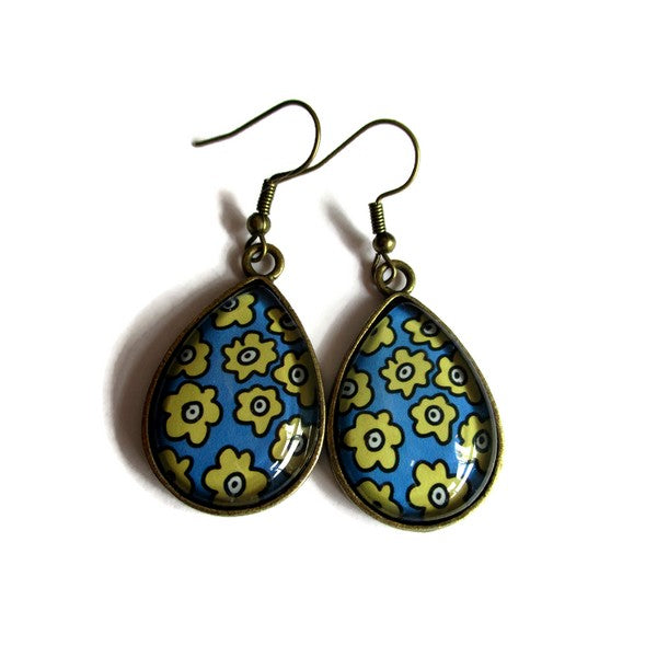 Boucles d'Oreilles Gouttes Fleurs Bleues et Jaunes