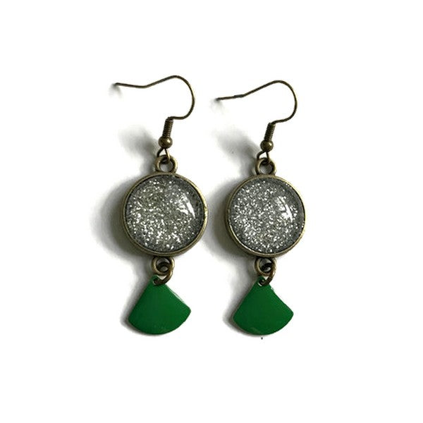 Silver Glitter and green enamel Earrings 