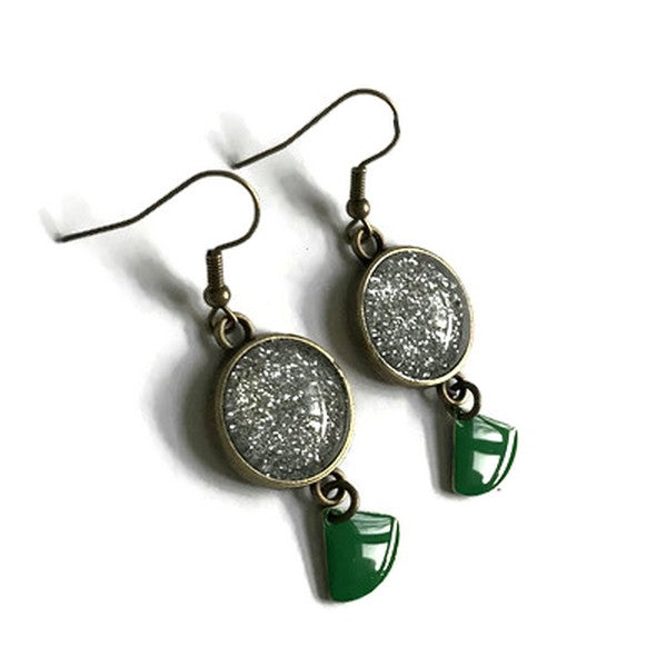 Silver Glitter and green enamel Earrings 