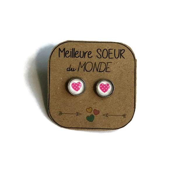 Kids Pink Heart Stud Earrings / Meilleure soeur du monde!