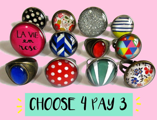 PICK ANY 4 RINGS - Buy 3 get 1 free pack of adjustable rings - You pick the designs