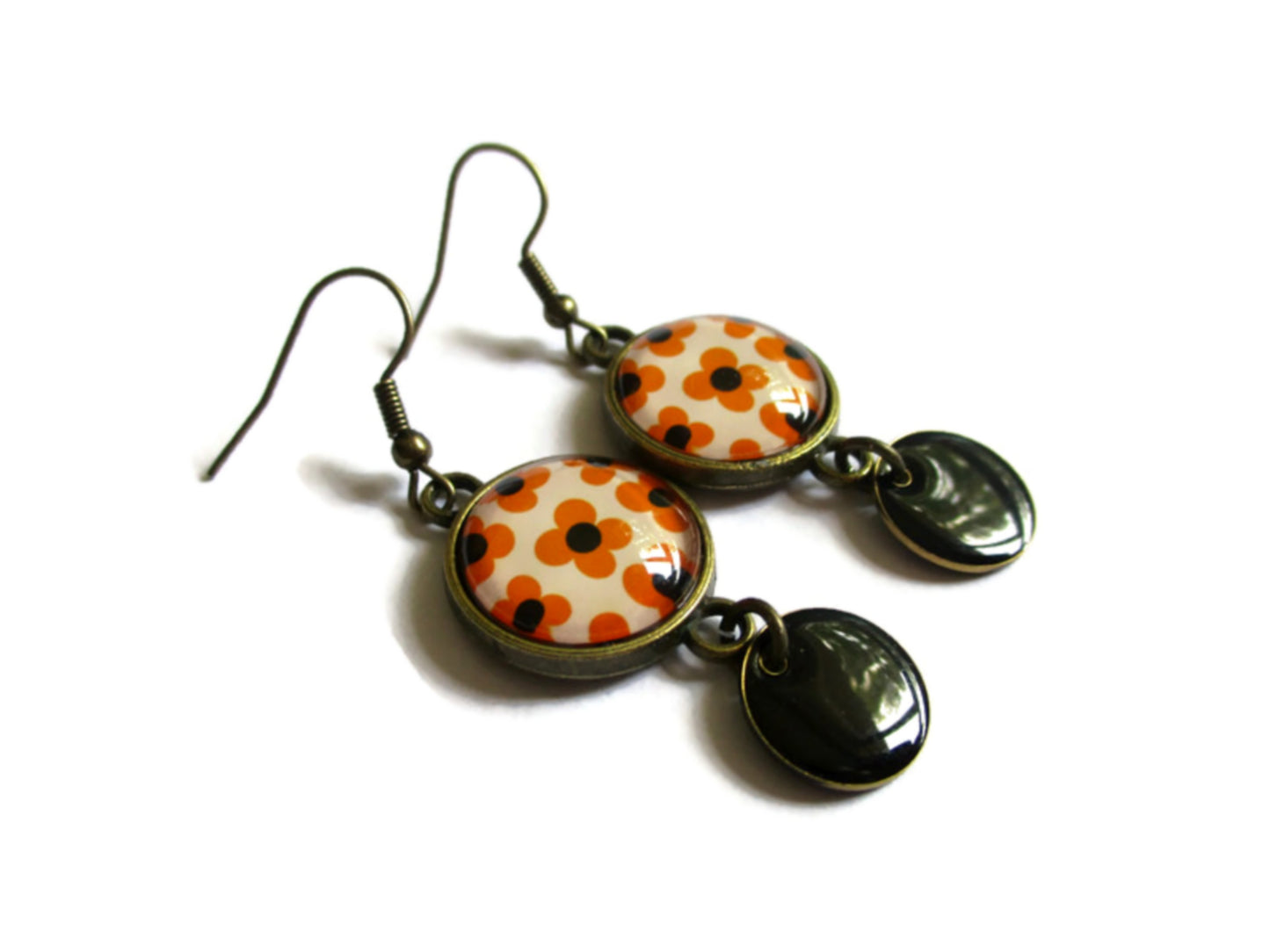 Boucles d'Oreilles Fleurs Retro Oranges, émail Noir