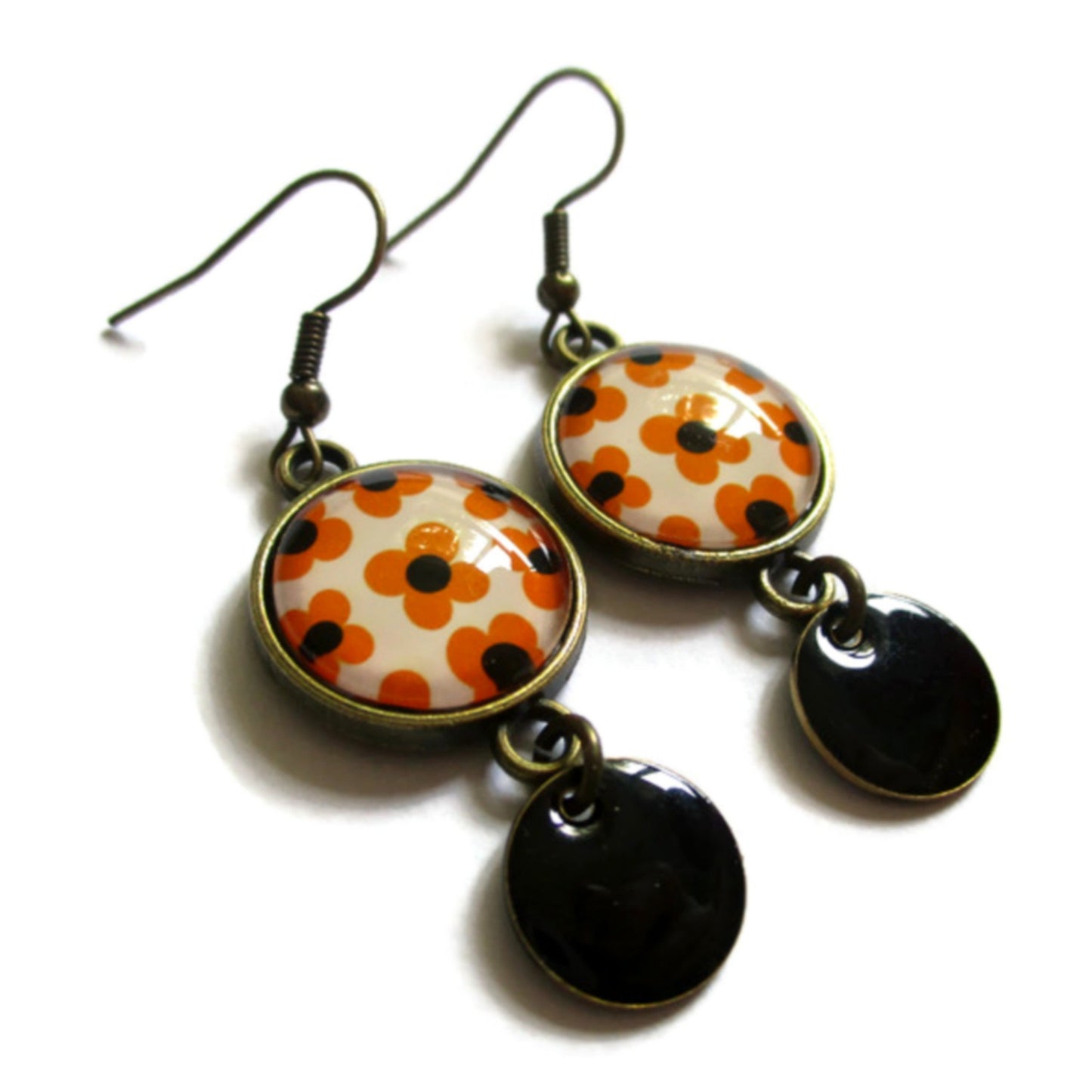 Boucles d'Oreilles Fleurs Retro Oranges, émail Noir