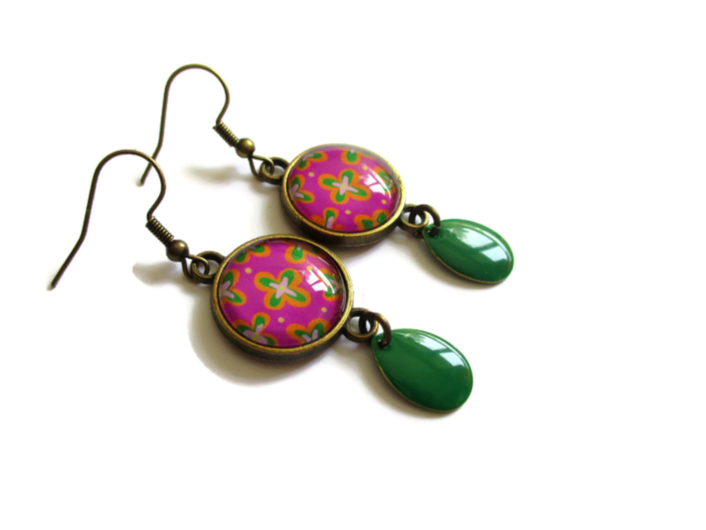 Boucles d'Oreilles motif Retro violet, émail vert