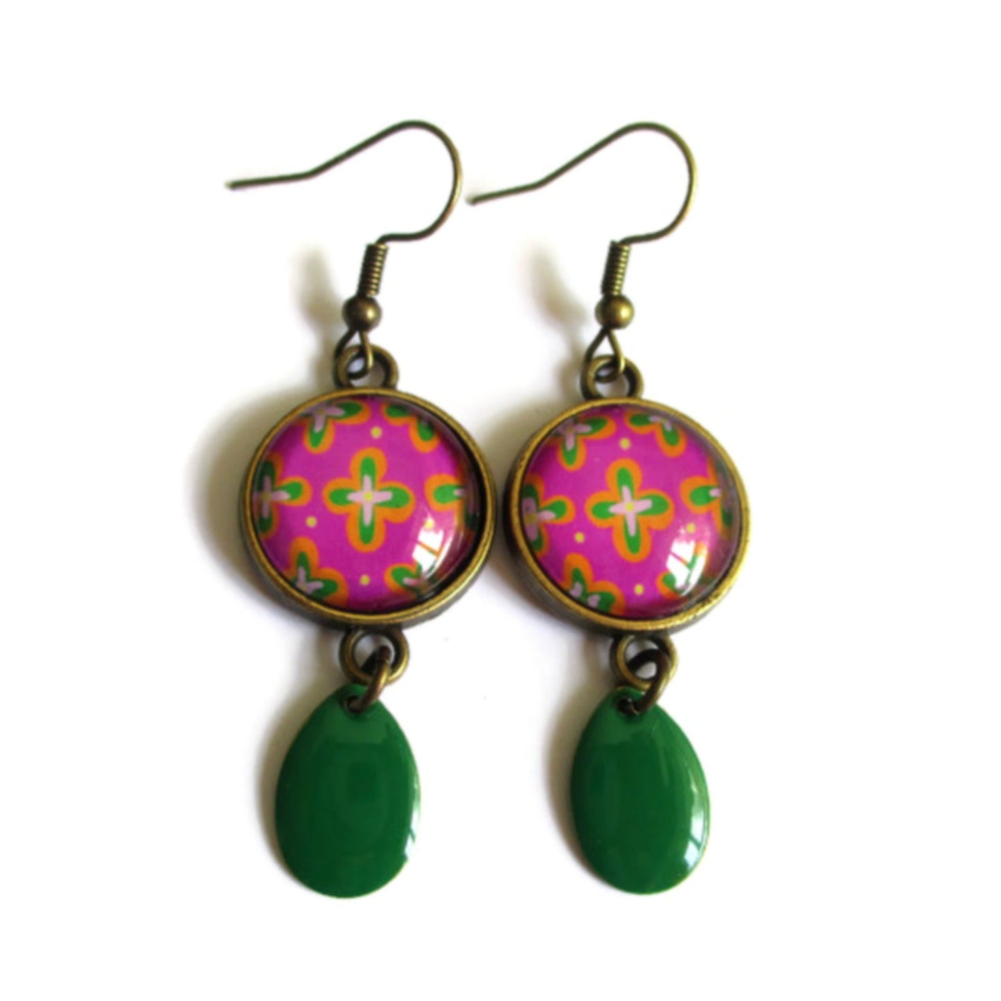 Boucles d'Oreilles motif Retro violet, émail vert