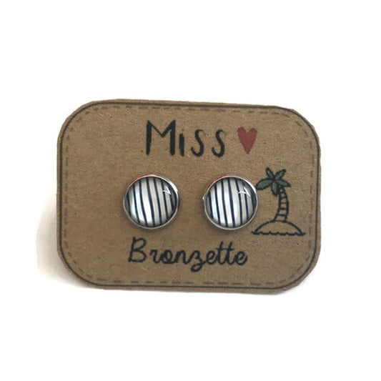 Blue And White Striped Stud Earrings / "Miss Bronzette!"