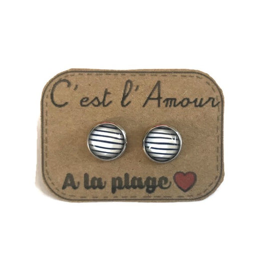 Striped Blue And White Stud Earrings / " C'est l'amour à la plage!"